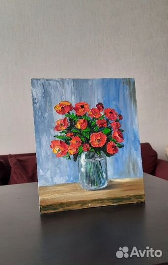 Букет красных маков. Яркая картина маслом