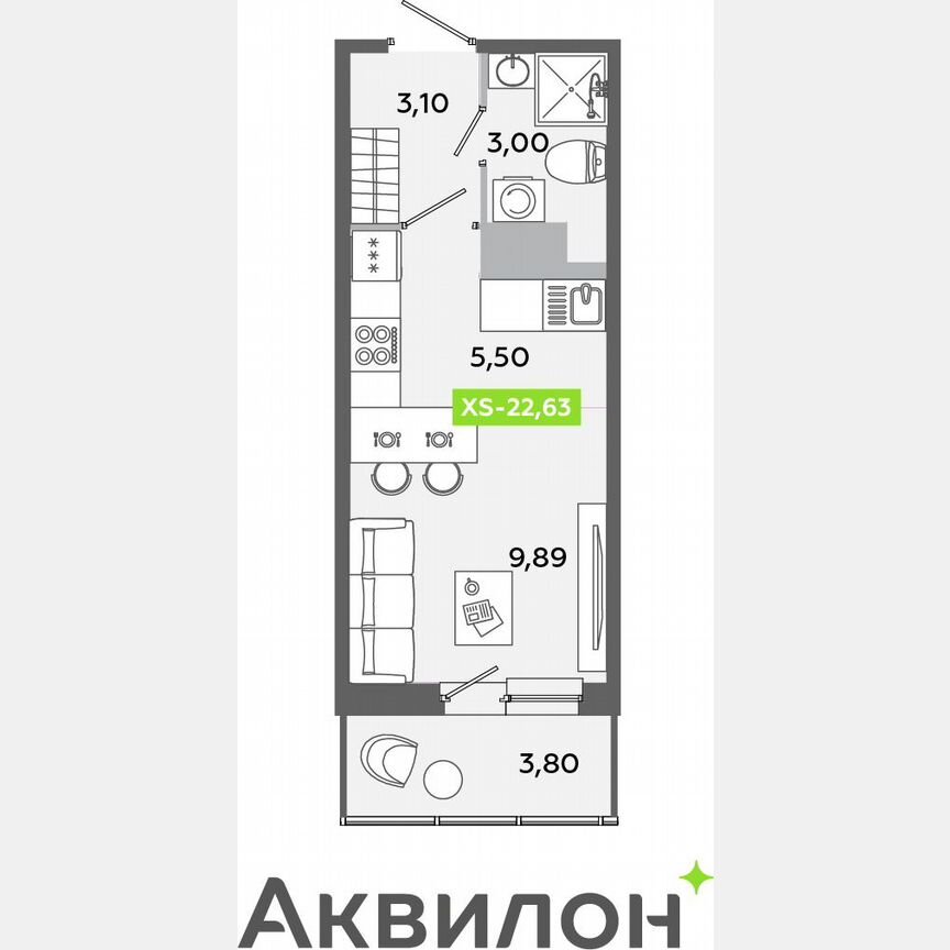 Квартира-студия, 22,6 м², 2/12 эт.