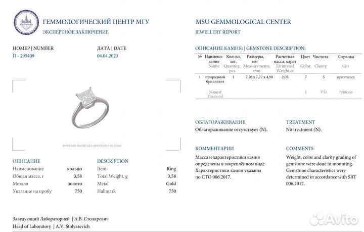 Кольцо Albedo 2,05 ct J/VS1 Princess Diamond White