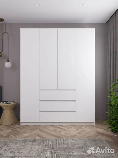 Шкаф для одежды 4 дверный с 3 ящиками белый