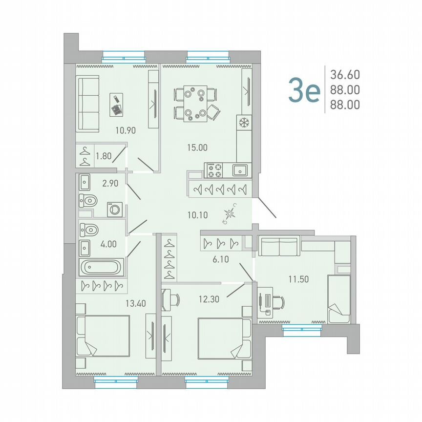 3-к. квартира, 88 м², 2/17 эт.