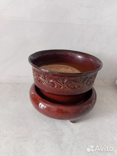 Большой керамический горшок с поддоном бу