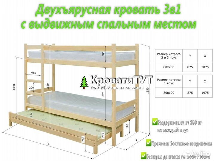 Двухъярусная Кровать из массива. Рассрочка