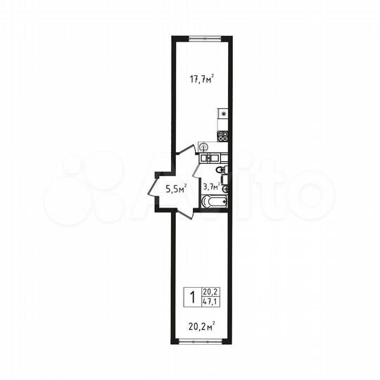 1-к. квартира, 47,1 м², 6/9 эт.
