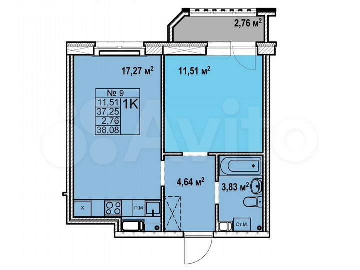 1-к. квартира, 38,1 м², 2/17 эт.