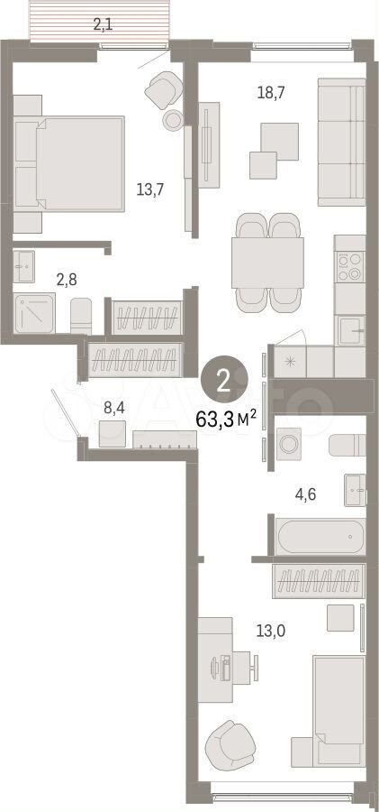 2-к. квартира, 63,3 м², 4/16 эт.