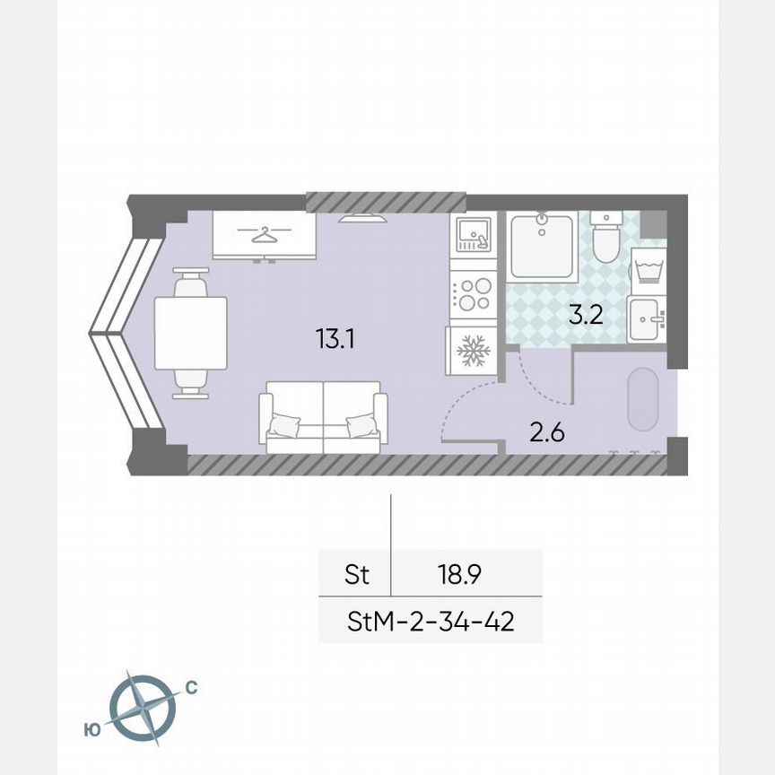 Квартира-студия, 18,9 м², 36/43 эт.