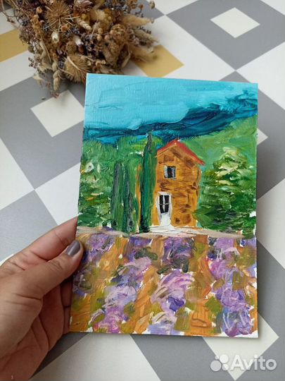 Картина маслом Лавандовые поля с домиком летом