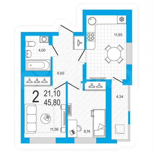 2-к. квартира, 45,8 м², 20/21 эт.