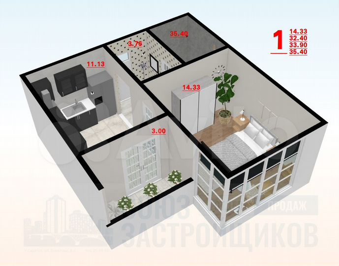 1-к. квартира, 35,4 м², 9/22 эт.
