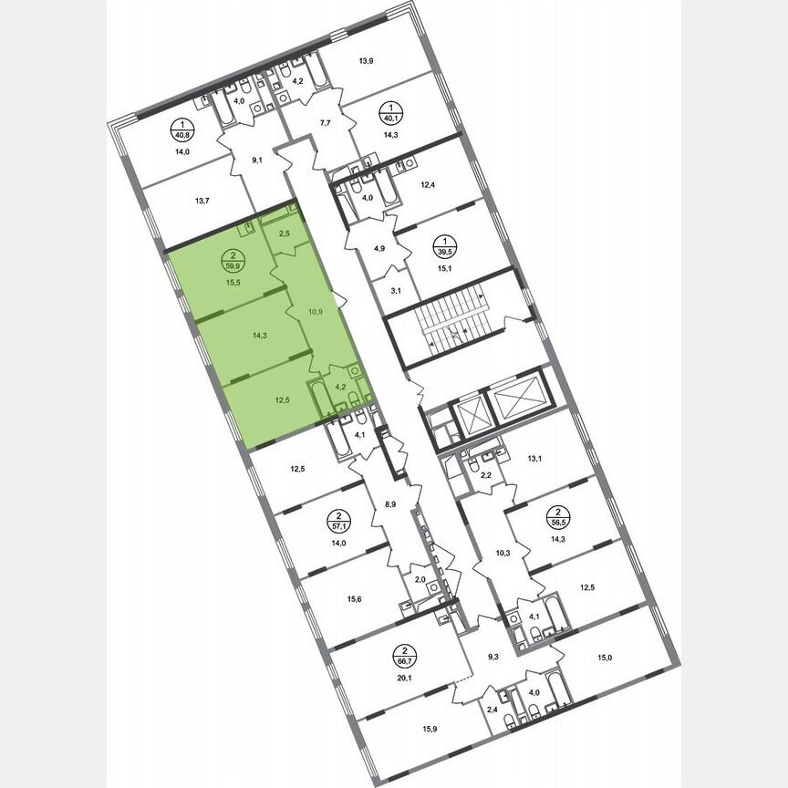2-к. квартира, 59,9 м², 15/17 эт.