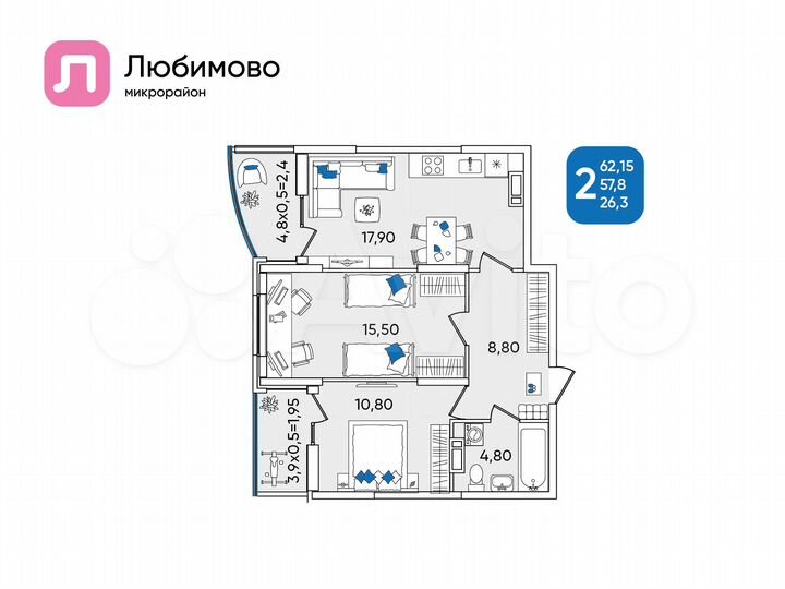 2-к. квартира, 62,2 м², 21/24 эт.