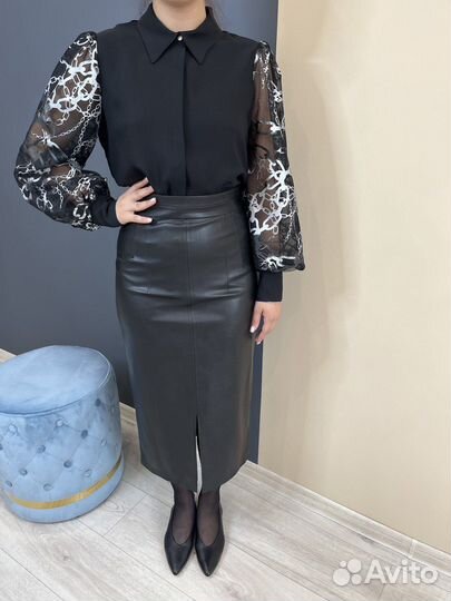 Юбка кожаная женская новая черная миди 42 44 46