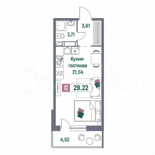 Квартира-студия, 29,2 м², 6/16 эт.