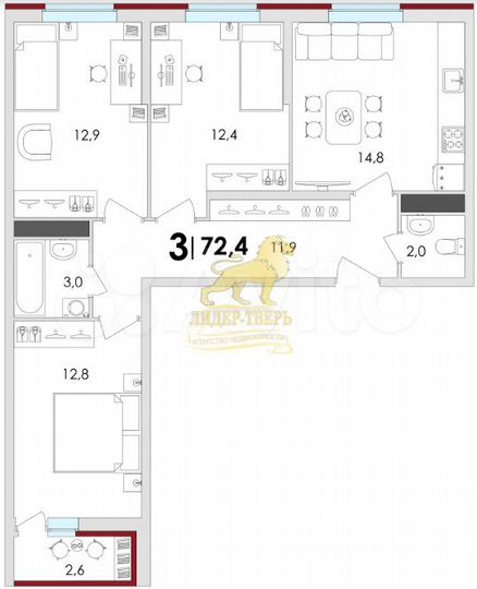 3-к. квартира, 72,4 м², 14/18 эт.