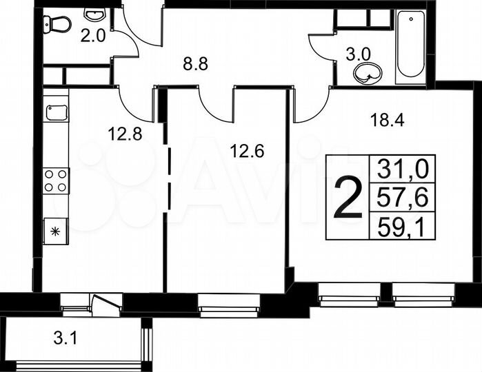 2-к. квартира, 58,6 м², 5/9 эт.