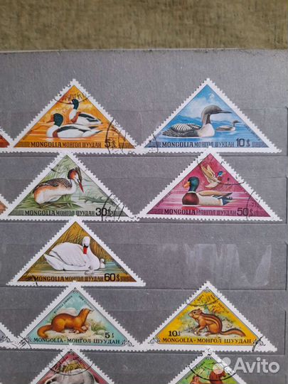 Марки Монгол Шуудан. Треугольные. Птицы, животные