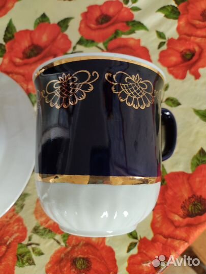 2 чашки большие фарфор кобальт+блюдце