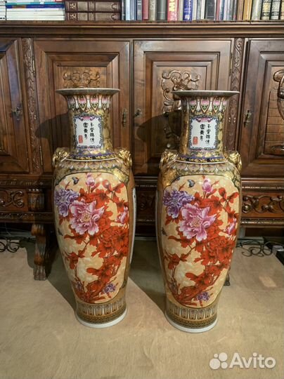 Вазы парные напольные каминные большие «Пионы»