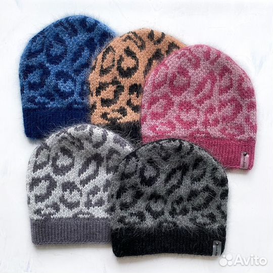 Пушистая вязаная шапка бини леопард ручной работы