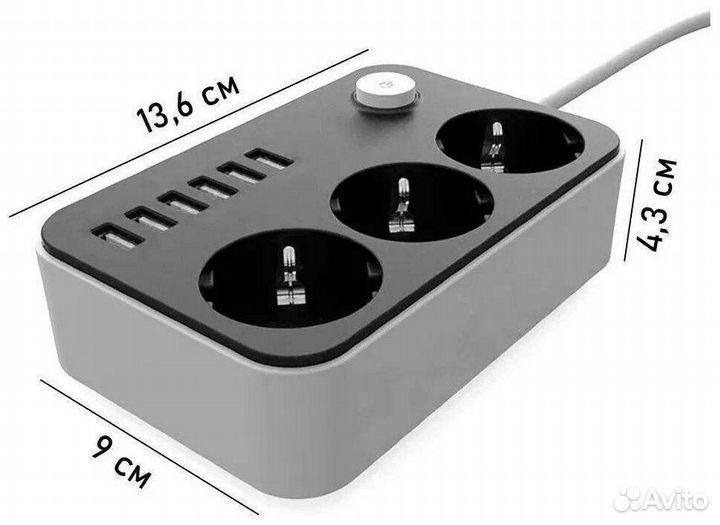 Cетевой фильтр (Удлинитель) c 3 розетками c 6 USB