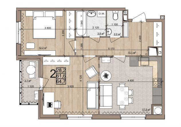 2-к. квартира, 64,7 м², 10/25 эт.