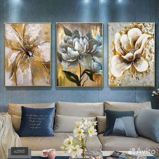 Стильная картина маслом на холсте, триптих цветы