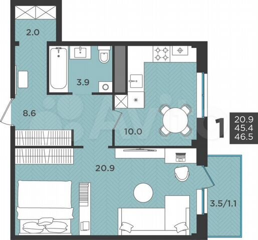 1-к. квартира, 46,5 м², 2/3 эт.