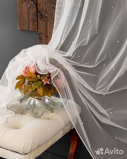 Тюль с бусинками Грейс Айвори