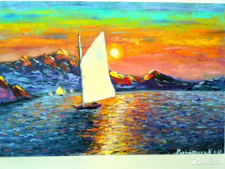 Картина картон,масло, морской пейзаж,парусник