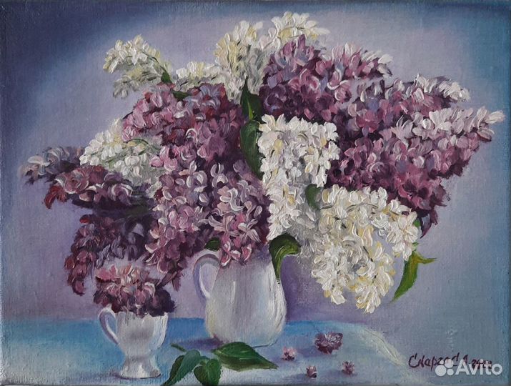 Картина масло холст натюрморт цветы сирень