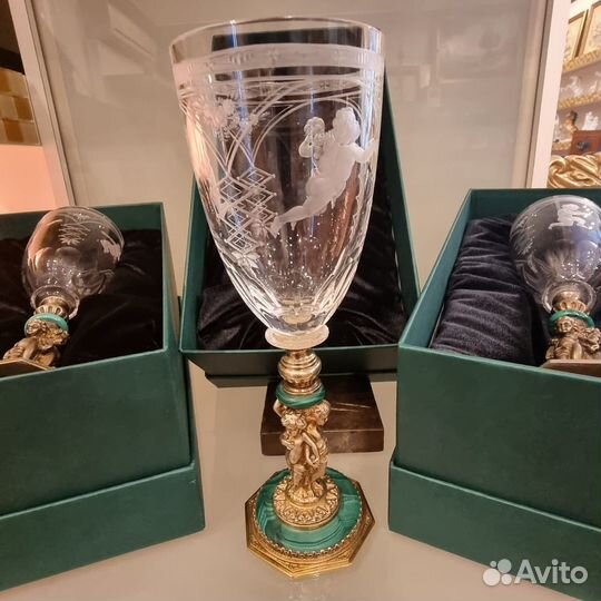 Бокалы серебро малахит золочение резной хрусталь