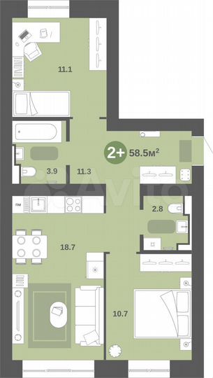 2-к. квартира, 58,5 м², 2/9 эт.