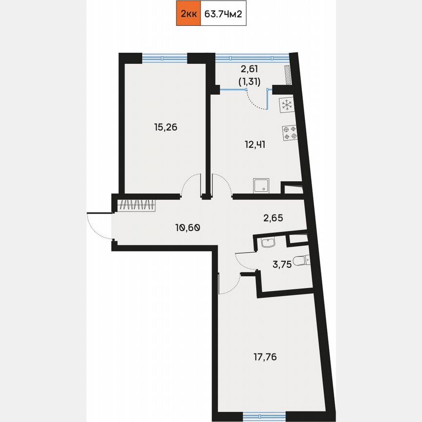 2-к. квартира, 64,1 м², 5/9 эт.