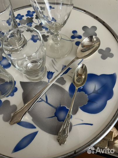 Поднос фарфор металл, фужер антикварные