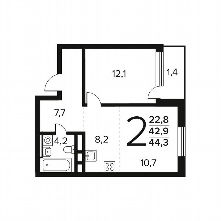2-к. квартира, 44,3 м², 6/11 эт.