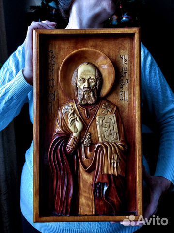 Резная икона Николай Чудотворец. Освящена на мощах