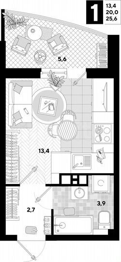 Квартира-студия, 25,6 м², 8/16 эт.
