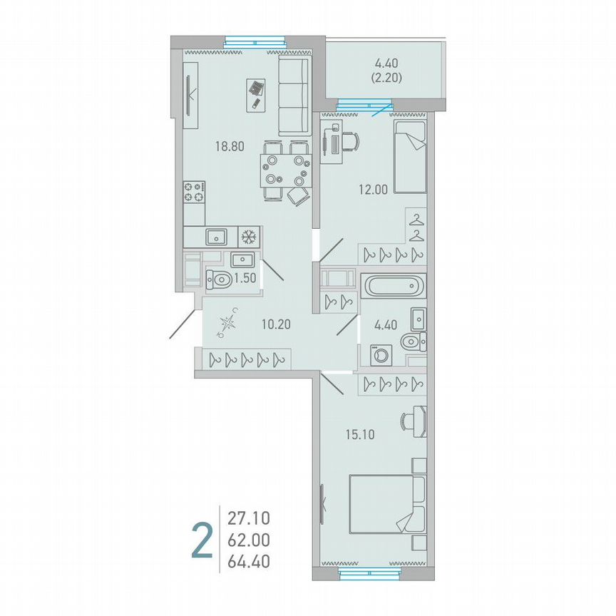 2-к. квартира, 64,4 м², 16/17 эт.