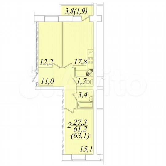 2-к. квартира, 63,1 м², 1/10 эт.