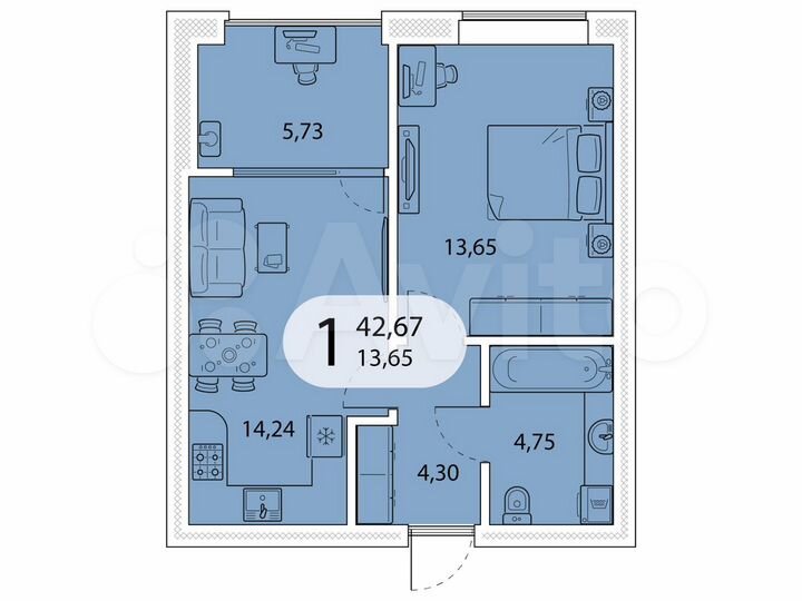 1-к. квартира, 42,7 м², 2/5 эт.