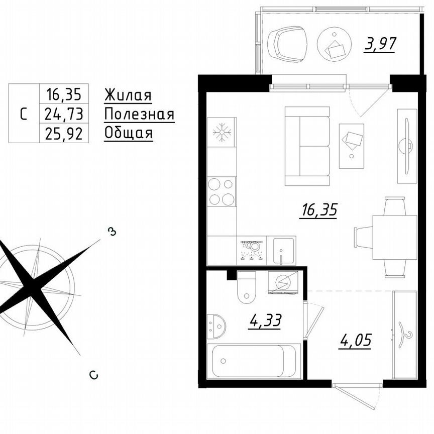 Квартира-студия, 25,9 м², 2/5 эт.