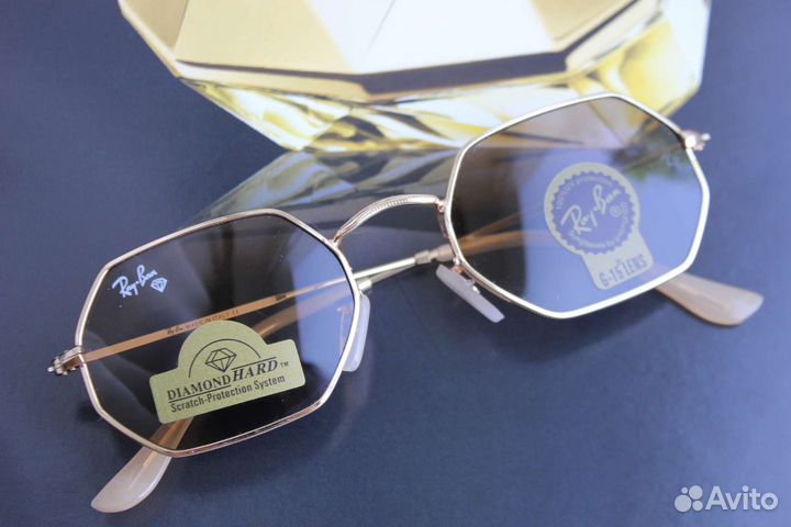 Очки ray ban hexagonal золотая оправа