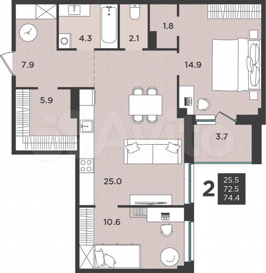 3-к. квартира, 74,3 м², 6/9 эт.