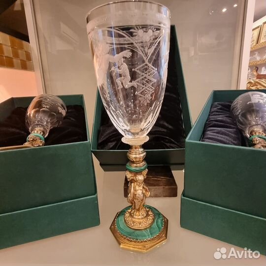 Бокалы серебро малахит золочение резной хрусталь