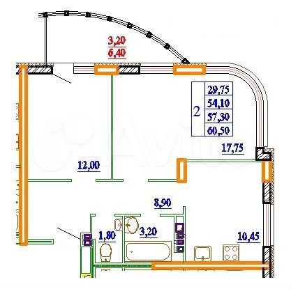 2-к. квартира, 60,5 м², 6/11 эт.