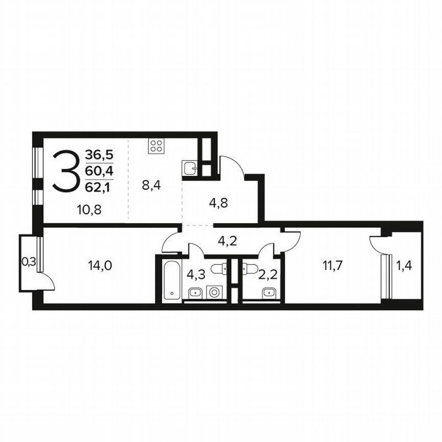 3-к. квартира, 62,1 м², 8/12 эт.