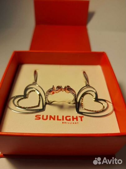 Серьги и кольцо, серебро с позолотой, фианиты