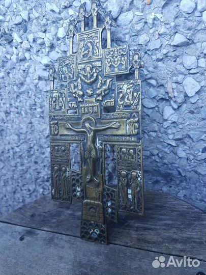 Большой старинный киотный крест со святыми, 25,5 с
