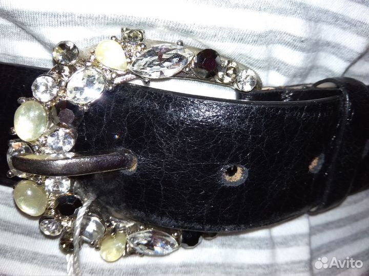 Ремень женский чёрный натуральная кожа с камнями